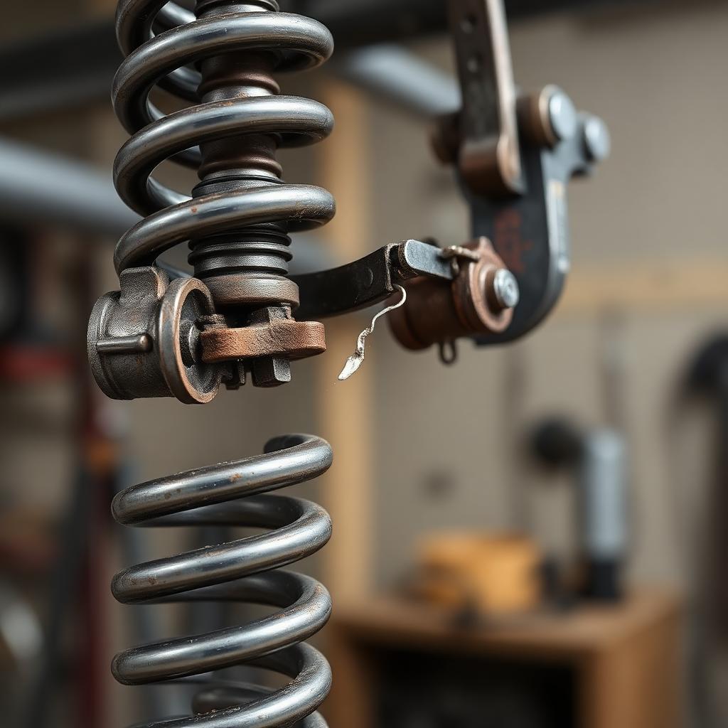 Close-up of broken garage door torsion spring showing wear and damage requiring professional repair