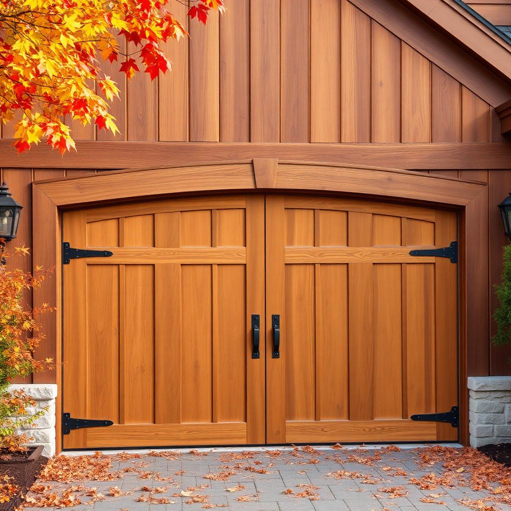 Beautiful rustic wood carriage garage door with autumn leaves in Connecticut