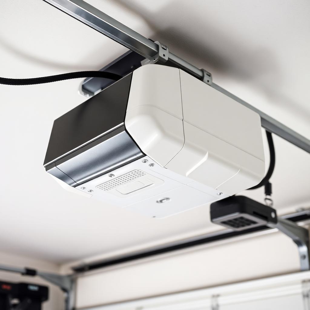 Modern garage door opener motor unit with belt drive system installed on ceiling for quiet operation