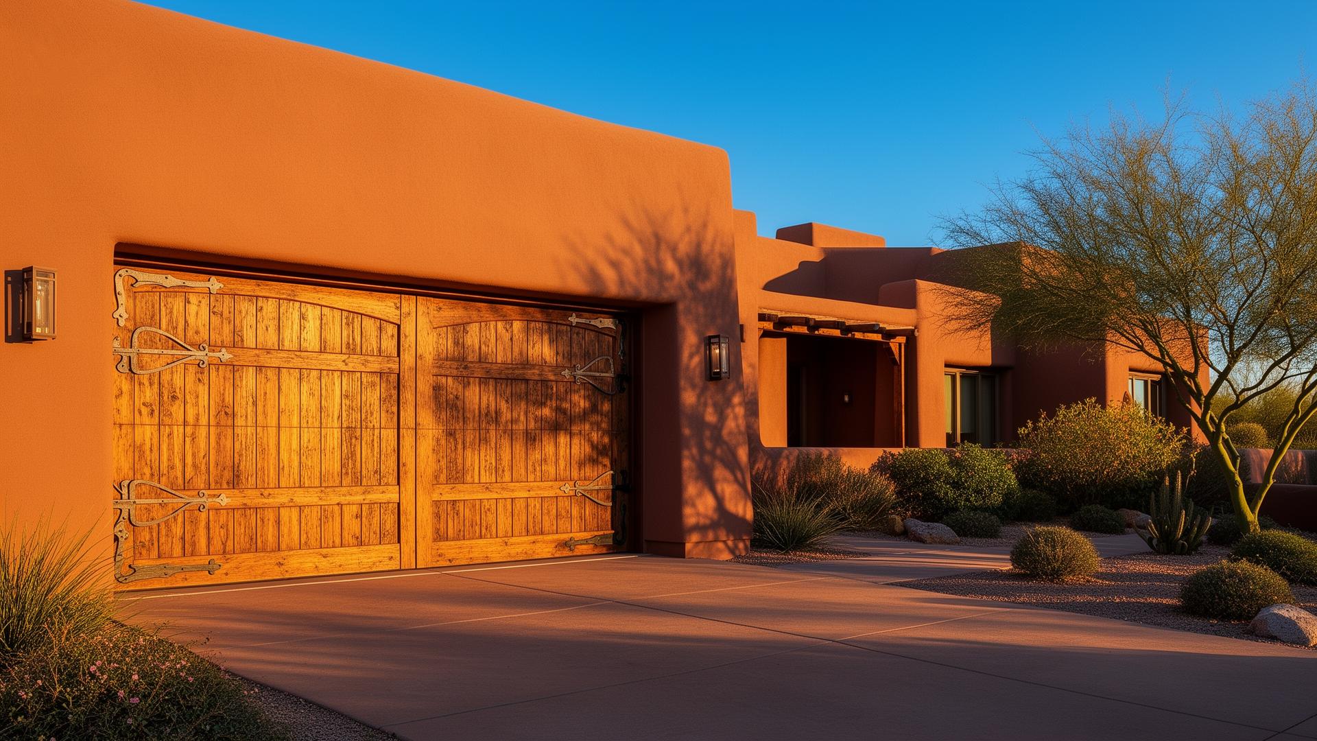 Professional rustic wood grain garage door with iron strap hinges on residential home in Madison, Connecticut