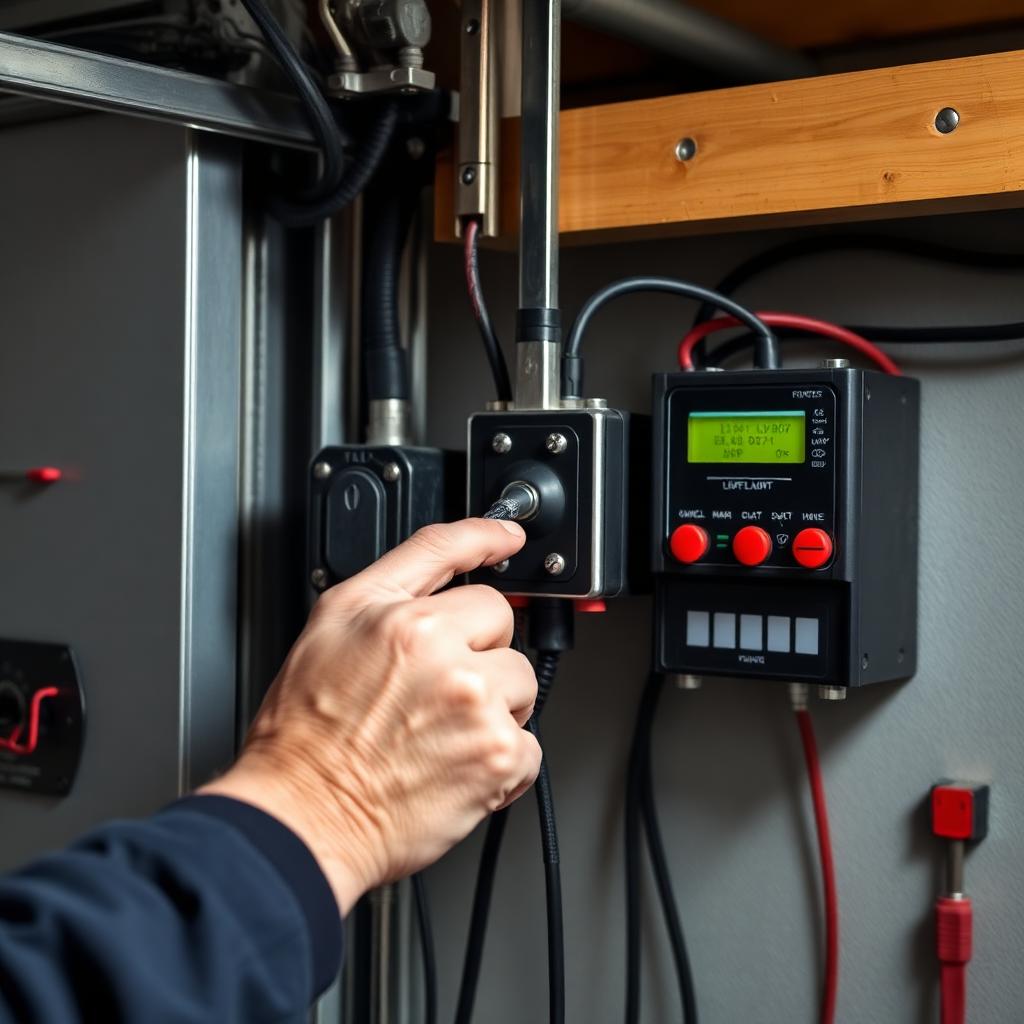 Technician adjusting garage door limit switch on electronic control panel in Madison CT