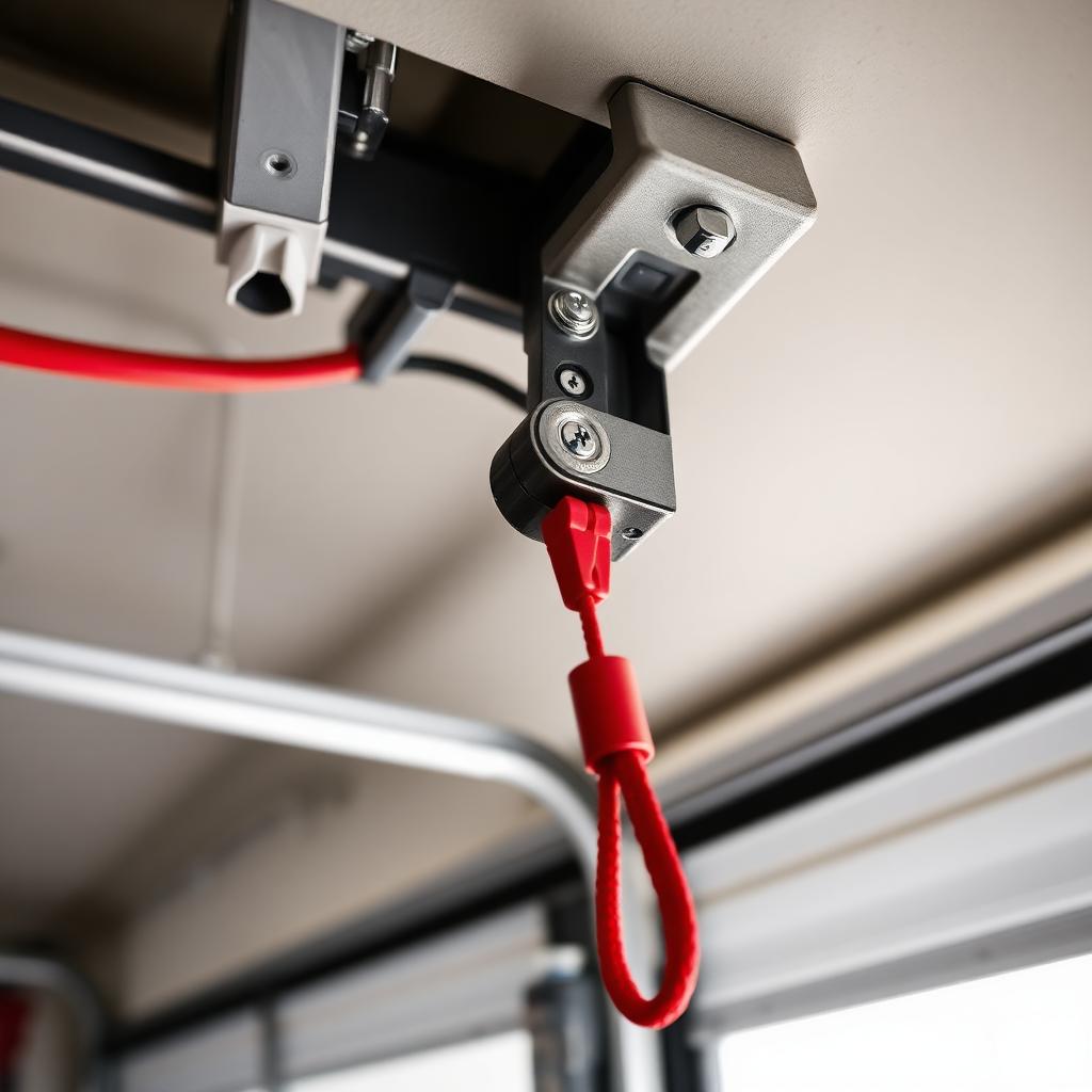 Garage door emergency manual release red cord mechanism for safety