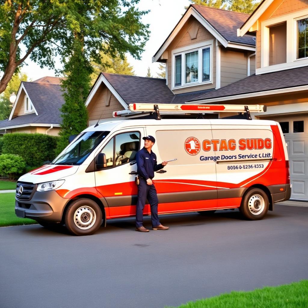 Professional garage door installation service van arriving at residential home in Madison CT