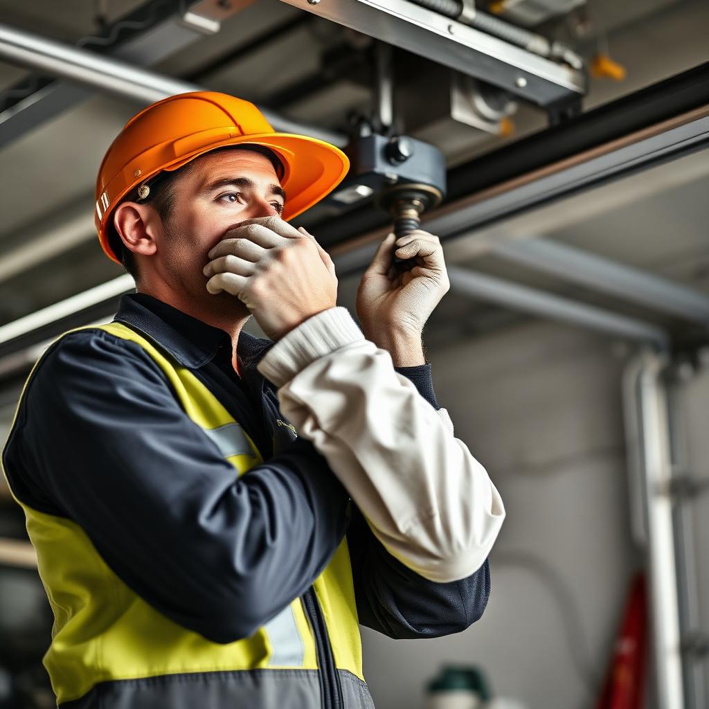 Professional garage door technician adjusting spring tension with safety equipment in Madison CT